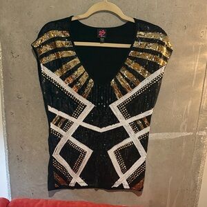 Bebe Black Sequin Top with Gold and White Accents